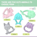 Five colorful baby teethers displayed: unicorn, shark, dinosaur, bulldog, and cat, all made from food-grade silicone.