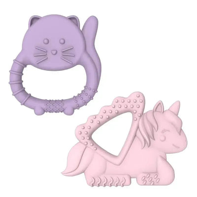 Two baby teethers in the shapes of a purple cat and a pink unicorn, made from 100% food-grade silicone, BPA-free.