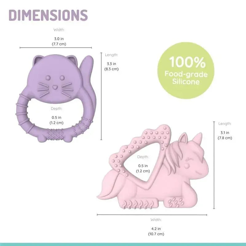 Baby teethers featuring a cat and unicorn design, made of 100% food-grade silicone with multiple textures.