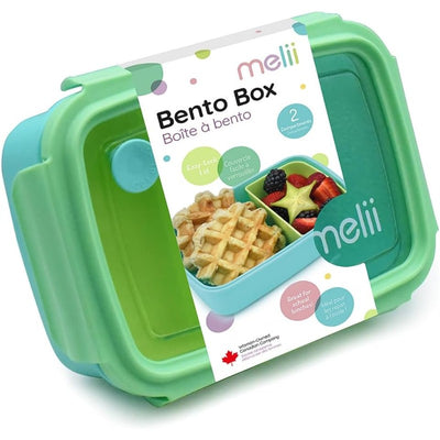 Bento box by Melii in blue and mint green, featuring removable compartments, 800ml capacity, with waffles and fruit displayed.