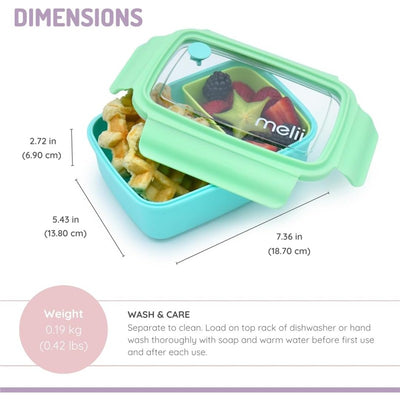 Bento box in blue mint lime with removable compartments, containing fruit and waffles; dimensions and care instructions included.