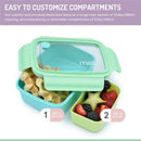 Bento box with removable compartments in blue mint lime, holding waffles and mixed fruit, labeled 880ml and 280ml.