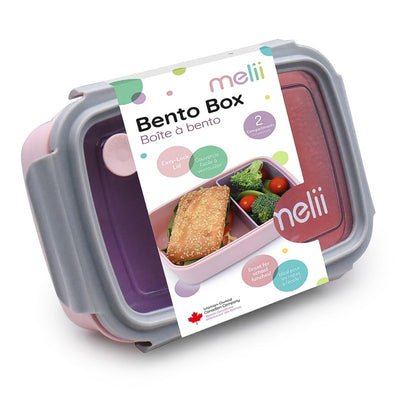 Bento box by Melii in pink, purple, and grey, featuring removable compartments, easy-lock lid, and dimensions of 800ml.
