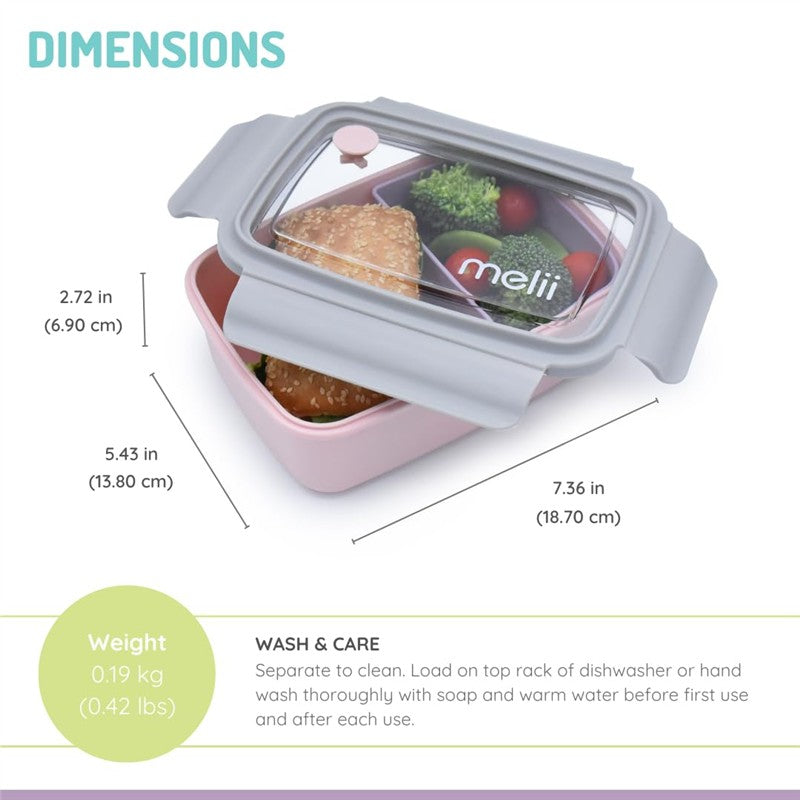Bento box in pink, gray lid; features removable compartments with a sesame seed bun and vegetables visible; dimensions and care instructions included.