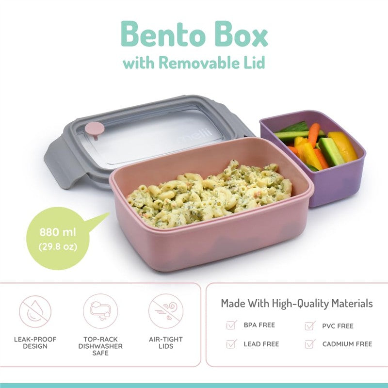 Bento box in pink and purple with removable lid, contains pasta and vegetables, 880ml capacity, BPA and PVC free.