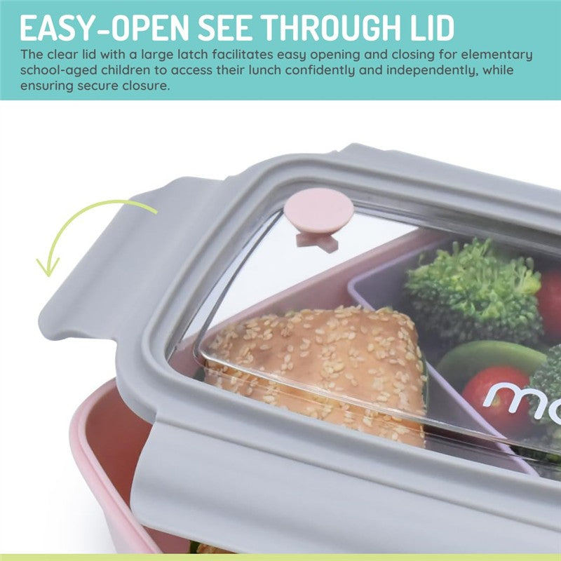 Bento box in pink, purple, and grey with removable compartments, featuring a clear lid and a sandwich with vegetables inside.