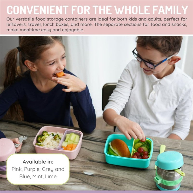 Bento box in pink, grey, and purple with removable compartments on a table, children enjoying their meals.