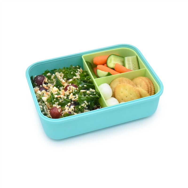 Blue and mint bento box with removable divider, containing salad, vegetables, crackers, and cheese balls.