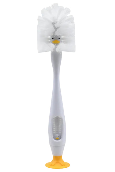 Bottle brush and nipple cleaner with duck design, featuring a soft bristle head and a yellow, stable base.