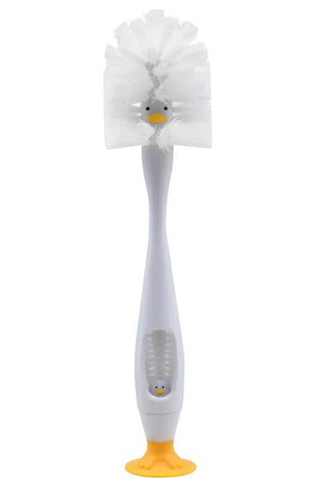 Bottle brush and nipple cleaner with white bristles and a duck design; features a yellow base and small duck at the handle.