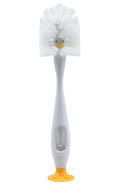 Bottle brush and nipple cleaner with white bristles and a duck design; features a yellow base and small duck at the handle.