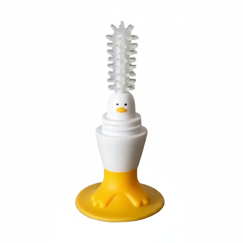 Duck-shaped bottle brush and nipple cleaner with flexible bristles, featuring a white and yellow design.