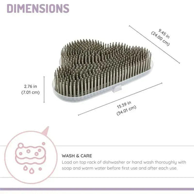 Countertop baby bottle drying rack in grey, heart-shaped, with tall drying spikes; includes dimensions and care instructions.