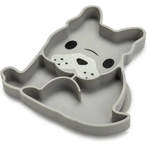 Divided silicone suction plate shaped like a bulldog, featuring a gray color and cartoon-like facial details.