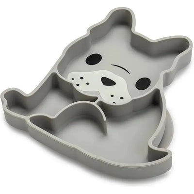 Divided silicone suction plate shaped like a bulldog, featuring a gray color and cartoon-like facial details.