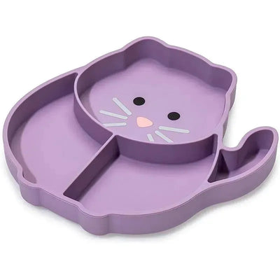 Divided silicone suction plate in purple, shaped like a cat, featuring three compartments and a cute facial design.
