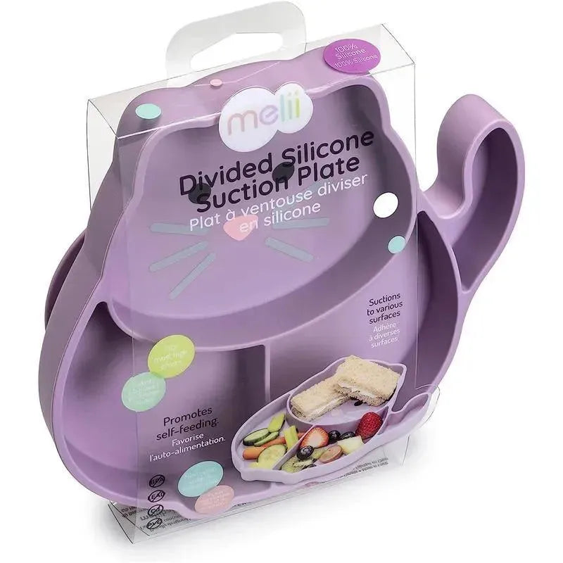 Divided silicone suction plate shaped like a cat, in lavender color, promotes self-feeding and suctions to surfaces.