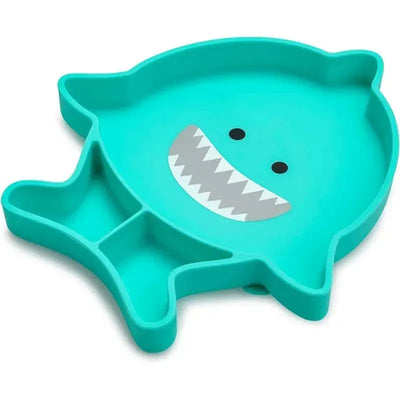Divided silicone suction plate in the shape of a shark, featuring a smiling face and three compartments.