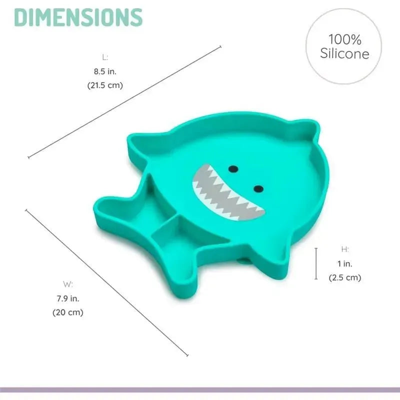 Divided silicone suction plate in shark shape; dimensions 8.5 in (L) x 7.9 in (W) x 1 in (H); made of 100% silicone.