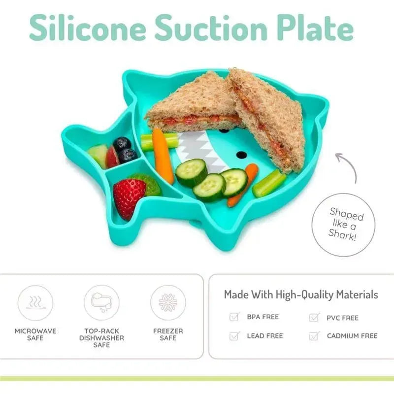 Divided silicone suction plate shaped like a shark, featuring sections for a sandwich, fruits, and vegetables.