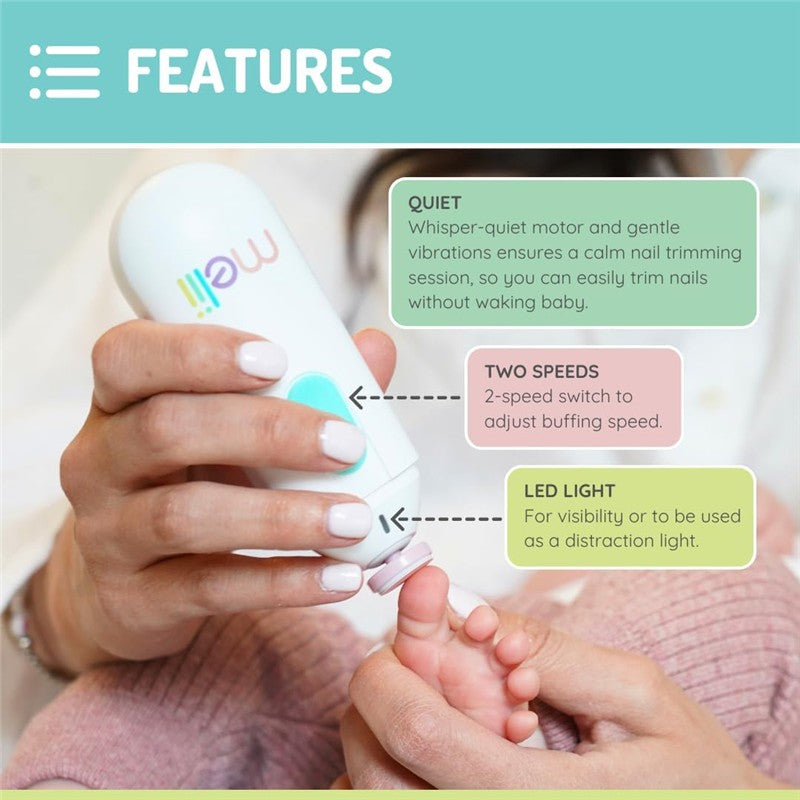 Electric nail trimmer in a hand, featuring a gentle motor, two-speed settings, and an LED light for nail care.