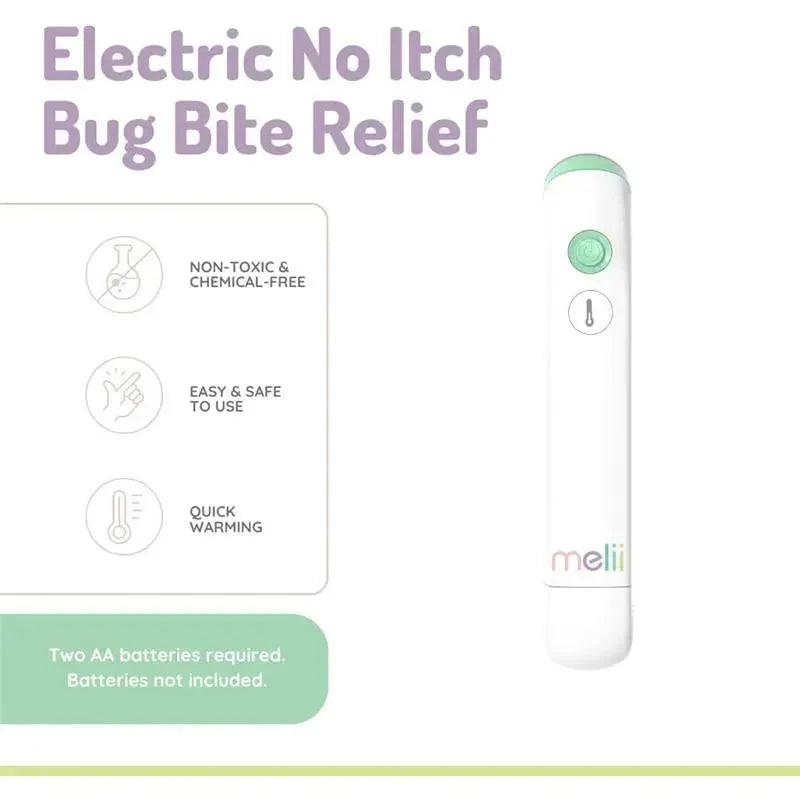 Electric No-Itch Bug Bite Relief device, with features like non-toxic, easy to use, and quick warming; requires two AA batteries.