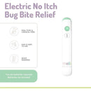 Electric No-Itch Bug Bite Relief device, with features like non-toxic, easy to use, and quick warming; requires two AA batteries.