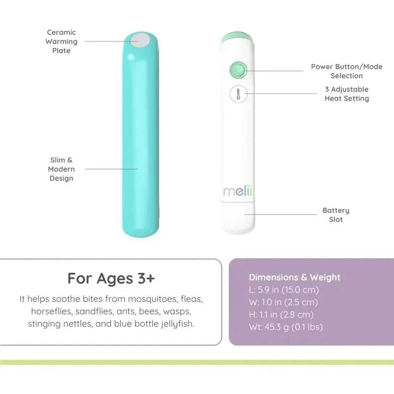 Electric no-itch bug bite relief device, slim design, with power button, adjustable heat settings, and warming plate. Suitable for ages 3+.