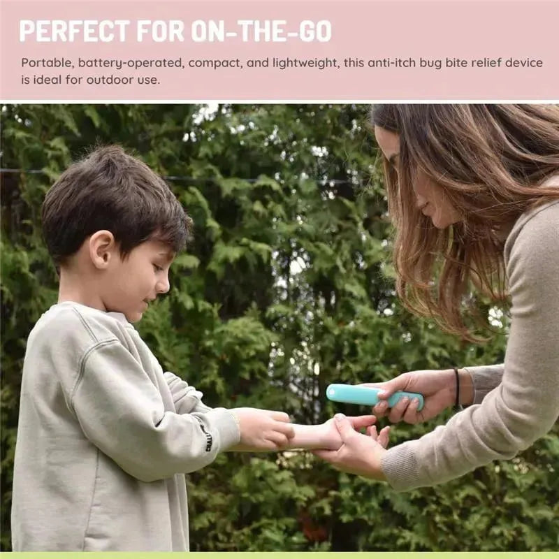 Child receiving bug bite relief from a woman using the Melii electric device in an outdoor setting.