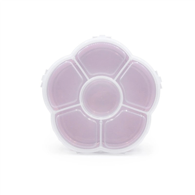 Flower-shaped snack container with five compartments, featuring a pink inner color and a white outer shell.