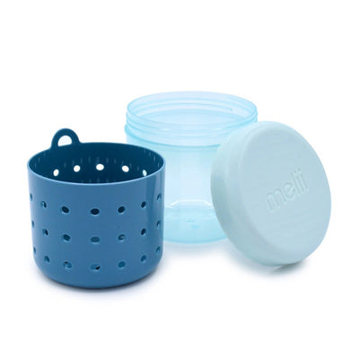 Blue Melii fruit storage container with a translucent base and a perforated strainer insert, including a matching lid.