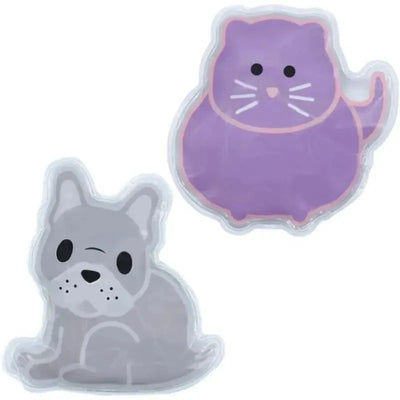 Reusable gel ice packs featuring a gray bulldog and a purple cat design, ideal for keeping lunches and snacks cool.