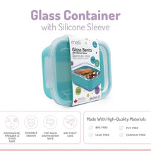 Glass bento box with silicone sleeve, 25oz, safe for oven, microwave, freezer, and dishwasher; features airtight lid.
