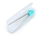 Shark-shaped training chopsticks with a mint-colored holder inside a clear travel case.