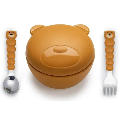 Silicone bear bowl with lid in warm brown, accompanied by a spoon and fork with bear-shaped handles.