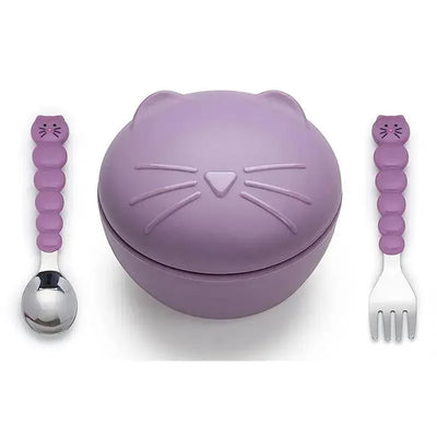 Silicone cat bowl in purple with a cat face lid, accompanied by a purple spoon and fork with cat-themed handles.