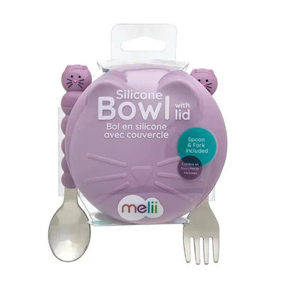 Silicone cat bowl with lid and utensils; purple bowl features a cat face design, includes spoon and fork.