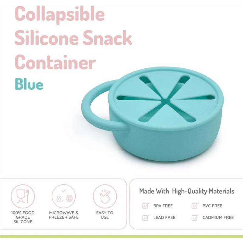 Collapsible blue silicone snack container with a handle and partitioned lid, labeled as microwave and freezer safe.