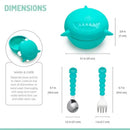 Turquoise silicone shark bowl with lid, includes matching spoon and fork; dimensions and care instructions also visible.