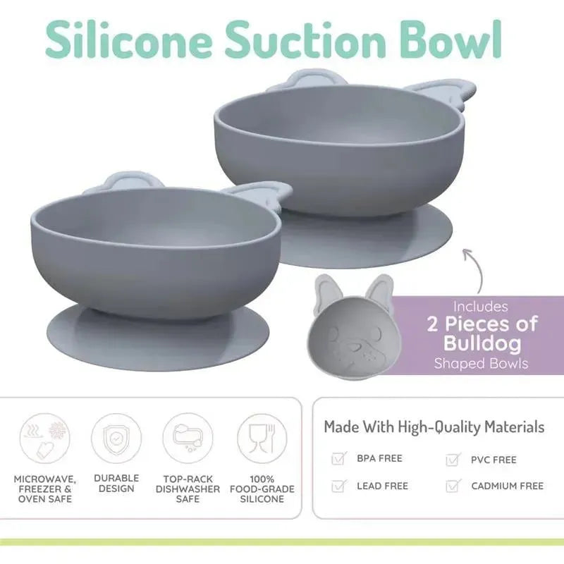 Two gray silicone suction bowls shaped like bulldogs, each 10.1 oz, with details on usage and safety features.