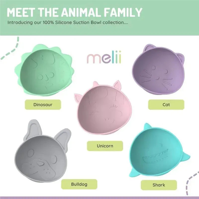 Silicone suction bowls in animal shapes: dinosaur, cat, unicorn, bulldog, and shark. Collection by melii.
