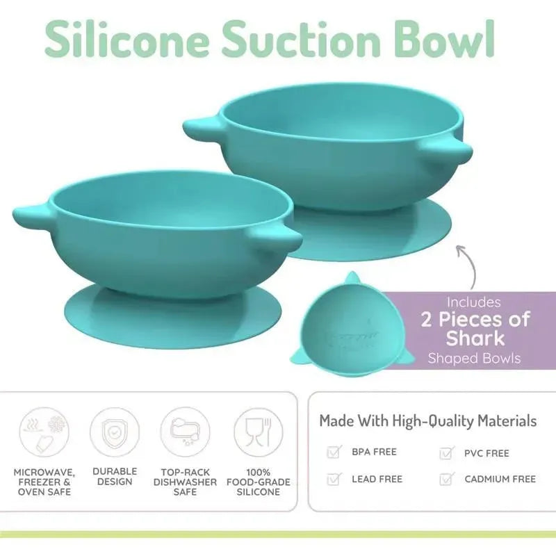 Silicone suction bowls for babies in shark blue, includes two durable, food-grade silicone bowls with suction bases.