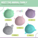 Silicone suction bowls in animal designs, showcasing dinosaur, unicorn, cat, bulldog, and shark, by Melii.