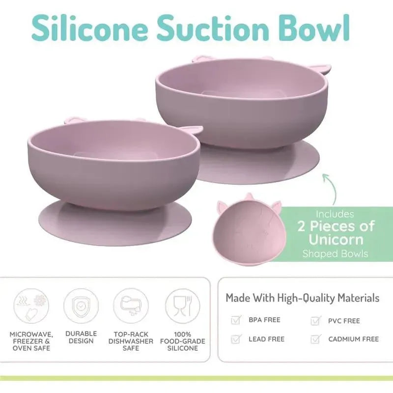 Silicone suction bowls for babies and toddlers in unicorn pink, includes two 10.1 oz bowls with a durable design.