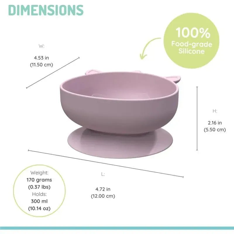 Silicone suction bowl in unicorn pink, dimensions and product details: 10.1 oz capacity, food-grade silicone.