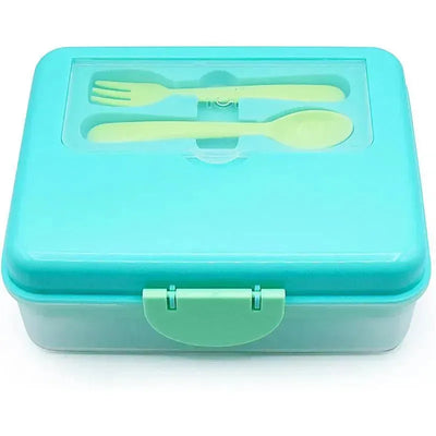 Two-tier blue mint lime bento box with a transparent lid and included fork and spoon inside.