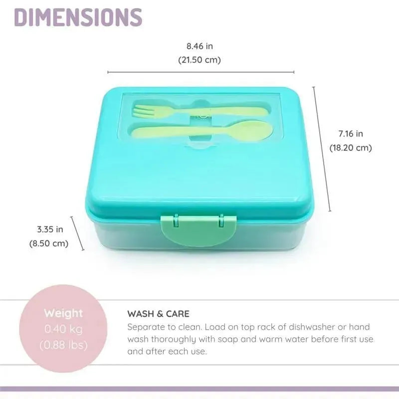 Two-tier blue mint lime bento box with fork and spoon, dimensions and care instructions visible.