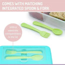 Two-tier blue mint lime bento box with integrated green spoon and fork, featuring a separate compartment in the lid.