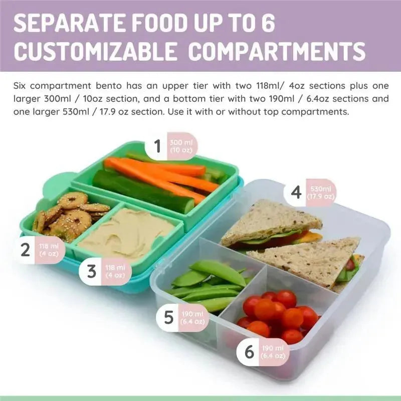 Two-tier bento box in blue mint lime with six customizable compartments for storing fruits, vegetables, and sandwiches.