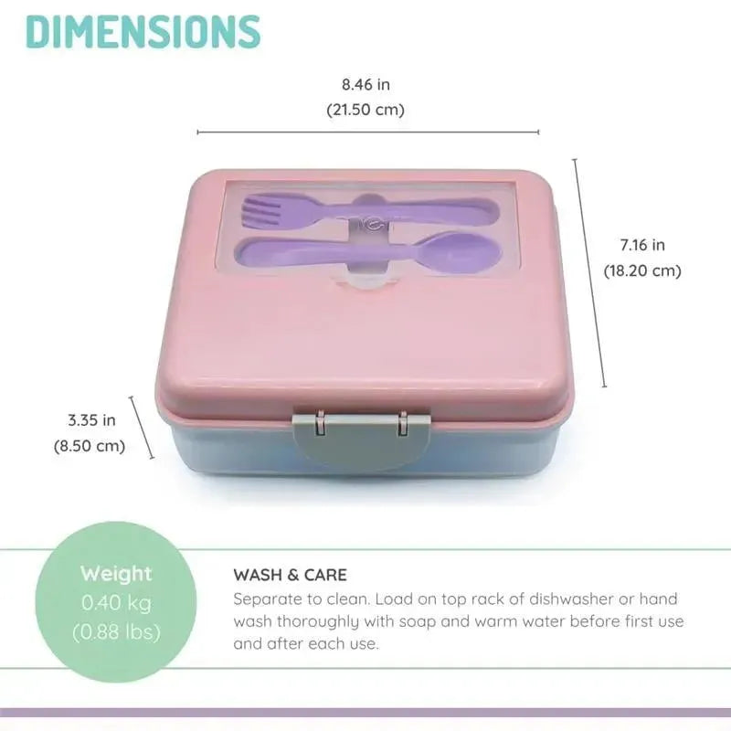 Two-tier bento box in pink with a transparent lid, includes purple utensils. Dimensions and care instructions listed.